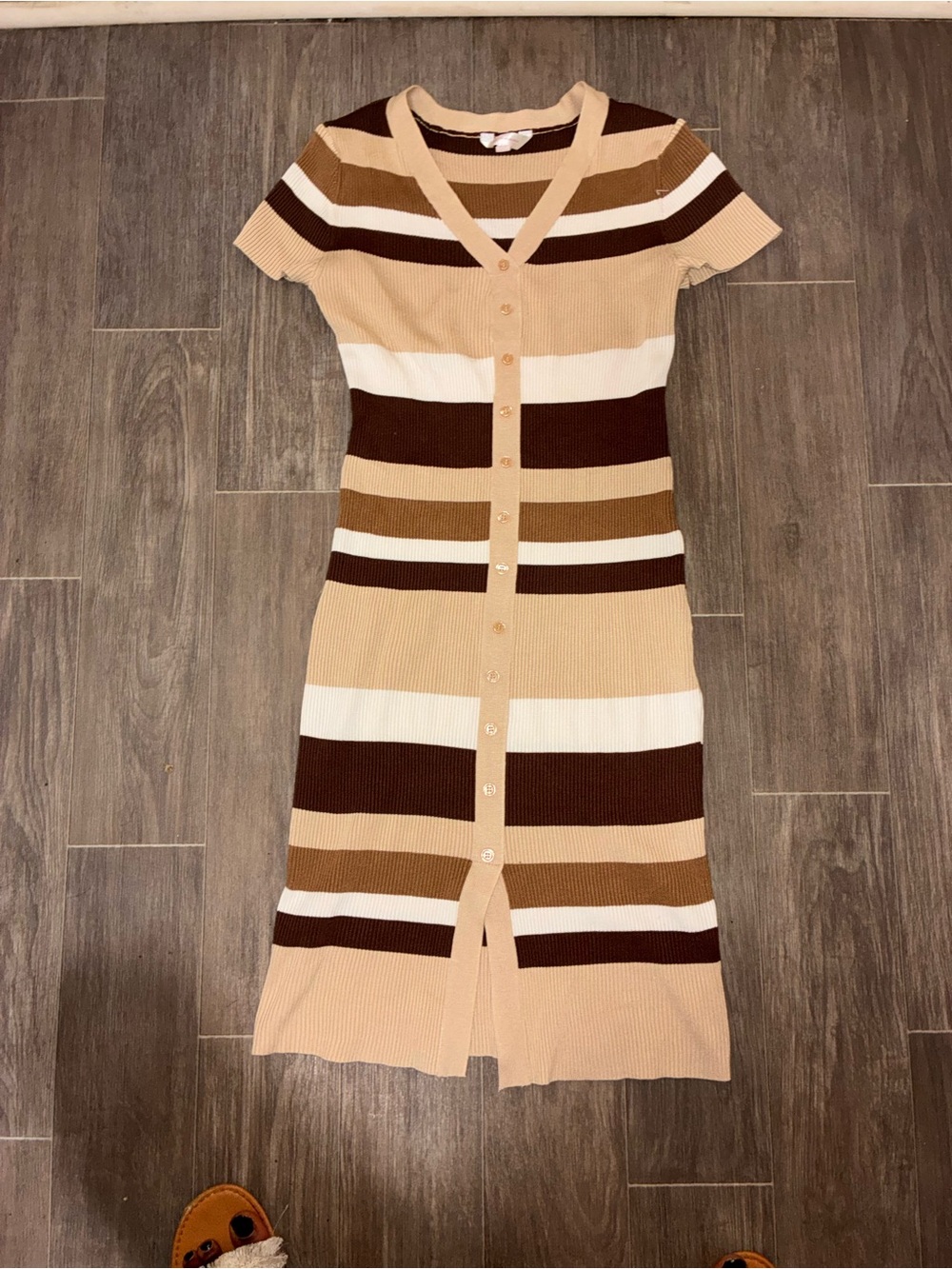 No Boundaries Striped Button-Front Midi Dress in Beige, Brown, Cream